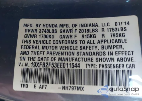 2014 Honda Civic Lx z USA, uszkodzony, nr VIN 19XFB2F53EE011544